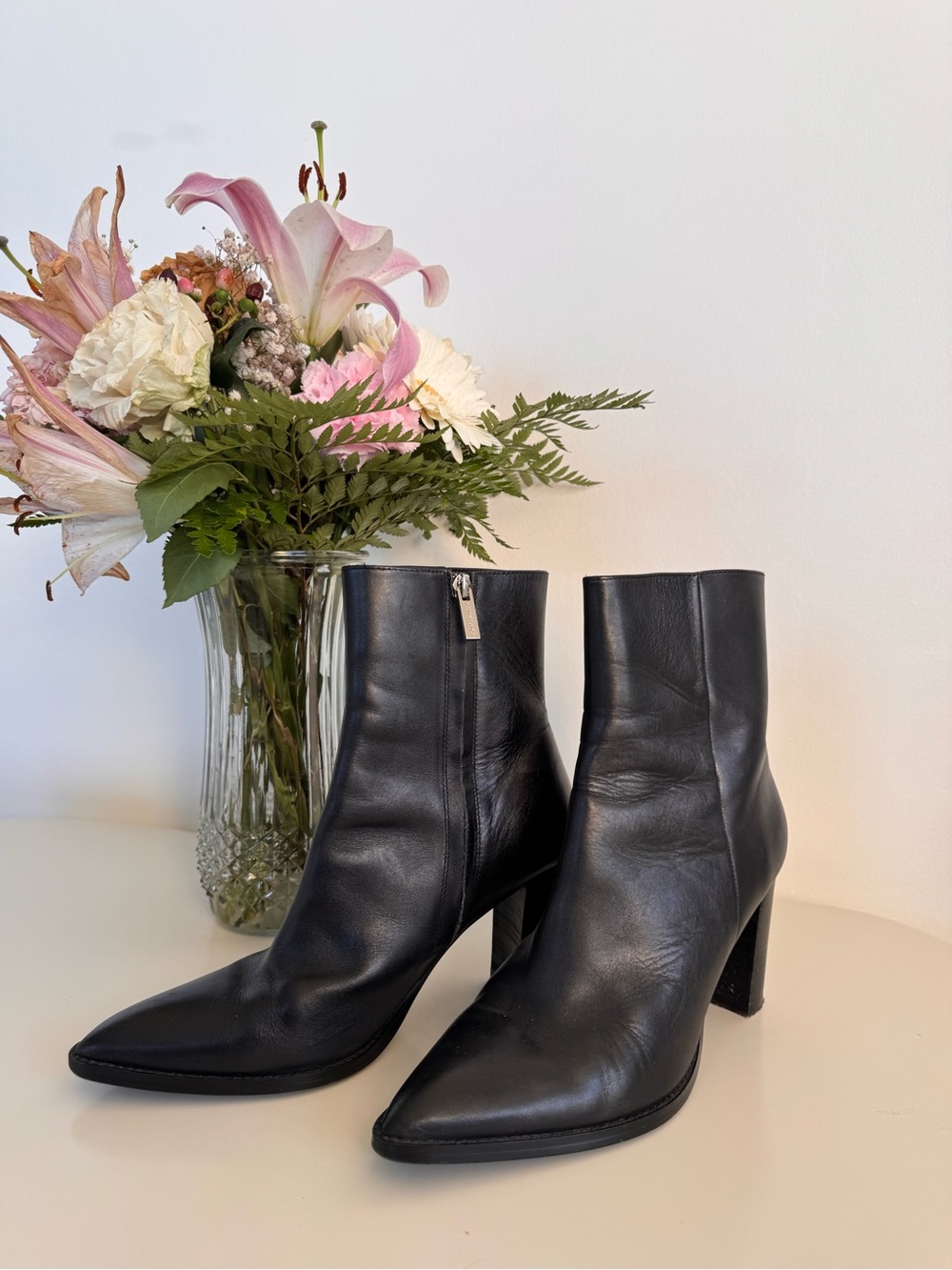 Tony Bianco Black Leather Pointed Ankle Boots with Block Heel